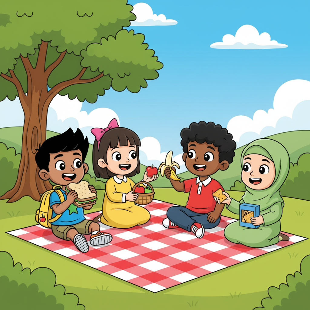 Ali has a yummy sandwich. Mei has juicy apples. Raju has a tasty banana. Aisyah has some crackers.