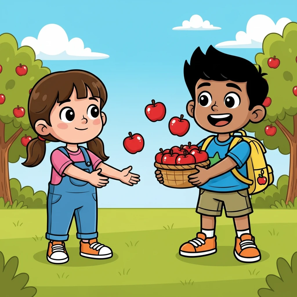 Mei asks Ali, "Can I have some apples, please?" Ali smiles and says, "Yes, here you go!" He gives her some apples. Mei says, "Thank you!"