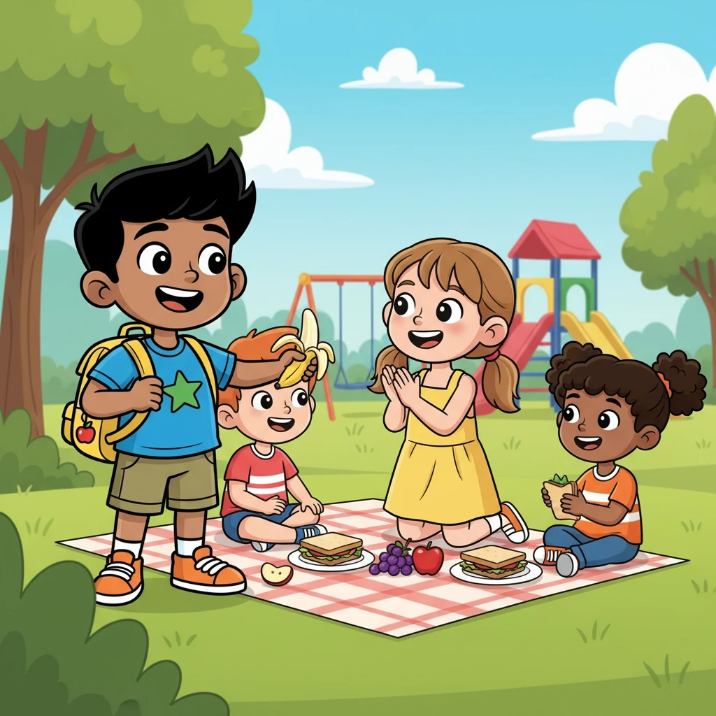 Raju offers Aisyah his banana. Aisyah says, "Thank you, Raju!" She is very happy. They all share their food.