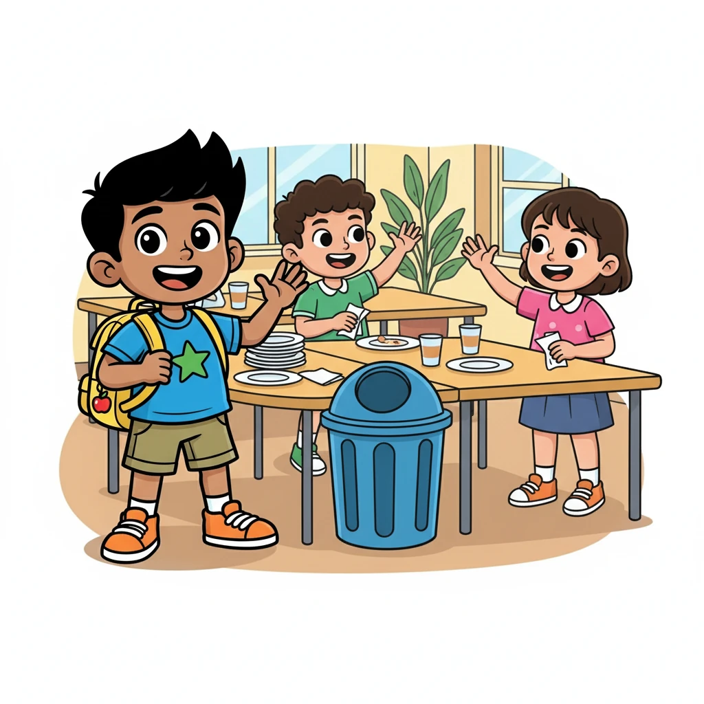 After lunch, they clean up their tables. They put their rubbish in the bin. They say, "Goodbye!" to each other.