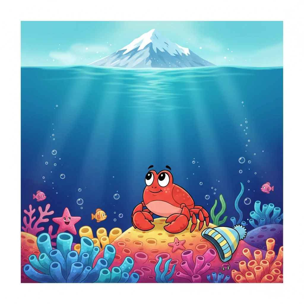 No fundo do oceano azul, vivia um siri chamado Sebastião. Ele era diferente dos outros caranguejos, pois em vez de procurar conchas na areia, sonhava em deslizar por montanhas brancas e geladas. De sua casa no recife, ele observava o pico nevado muito, muito distante.