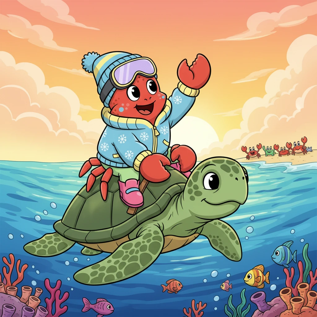 Com suas conchas firmemente presas às suas patinhas, Sebastião embarcou em sua grande jornada. Ele pediu carona a uma tartaruga marinha gentil e muito paciente, que concordou em levá-lo para mais perto da terra. O siri acenou para seus amigos da praia, prometendo voltar com histórias incríveis.