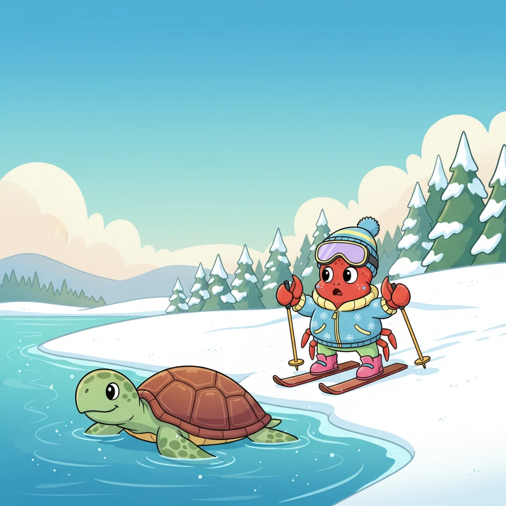 A viagem foi longa, e a água começou a ficar mais fria. Finalmente, a tartaruga o deixou perto da costa, onde Sebastião viu pela primeira vez uma vasta e brilhante extensão de neve. Seus olhos se arregalaram de admiração e um pouco de nervosismo, mas a emoção de estar ali era indescritível.