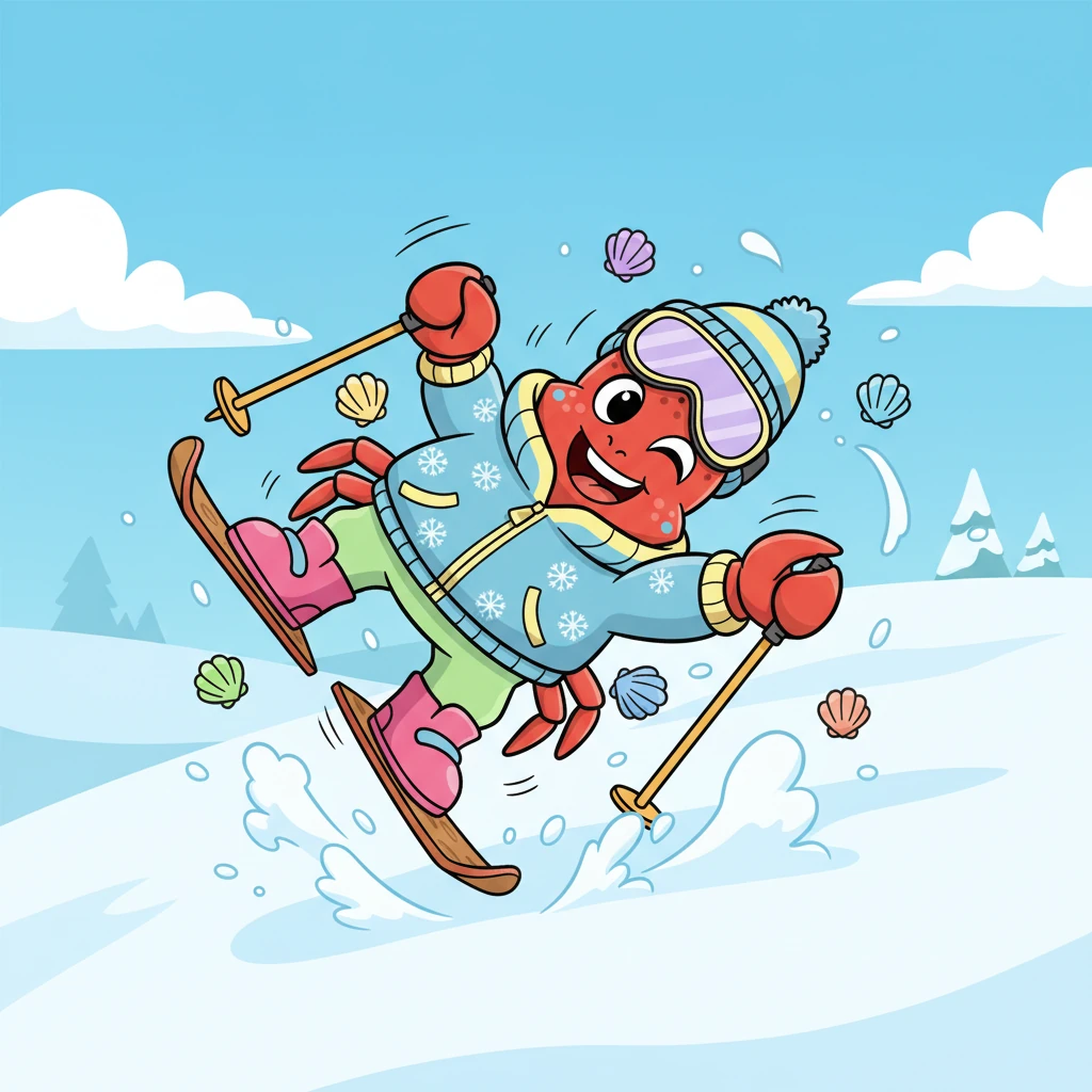 Sebastião tentou esquiar em uma pequena colina, mas foi mais difícil do que parecia. Ele escorregava, rodopiava e caía de forma hilária, com suas conchas indo para todos os lados. Apesar dos tombos, ele ria alto, adorando a sensação nova e gelada sob suas patinhas.