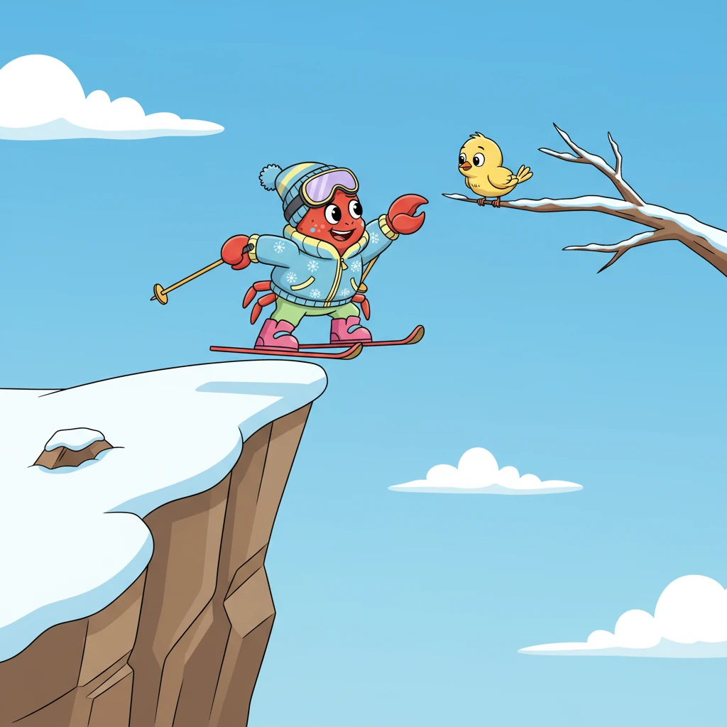 Numa tarde ensolarada, um pequeno pássaro filhote ficou preso em um galho perigoso no alto de um penhasco nevado. Ninguém conseguia alcançá-lo com segurança. Sebastião, com suas habilidades de esqui e sua coragem, viu que poderia ser o herói da situação.