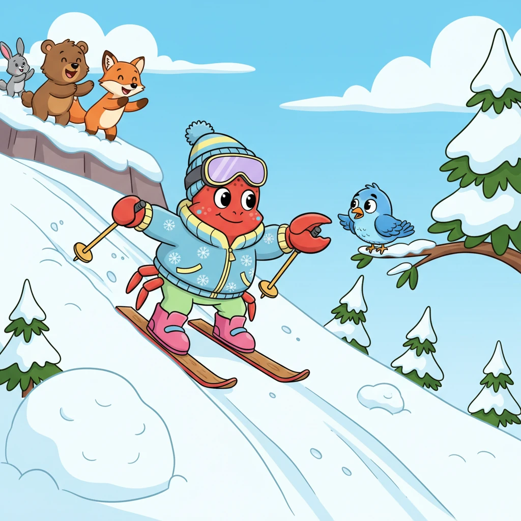 Com uma determinação inabalável, Sebastião esquiou por um caminho estreito e íngreme, usando sua precisão para desviar de obstáculos. Ele alcançou o pássaro assustado, gentilmente o guiou para a segurança, e foi aplaudido pelos outros animais da montanha.