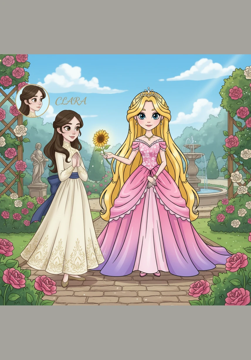 Elara sort dans les jardins royaux pour cueillir des fleurs de lune afin de décorer sa nouvelle tenue de fête. Les pétales brillent doucement sous le soleil matinal, offrant une inspiration parfaite pour ses futures créations vestimentaires.