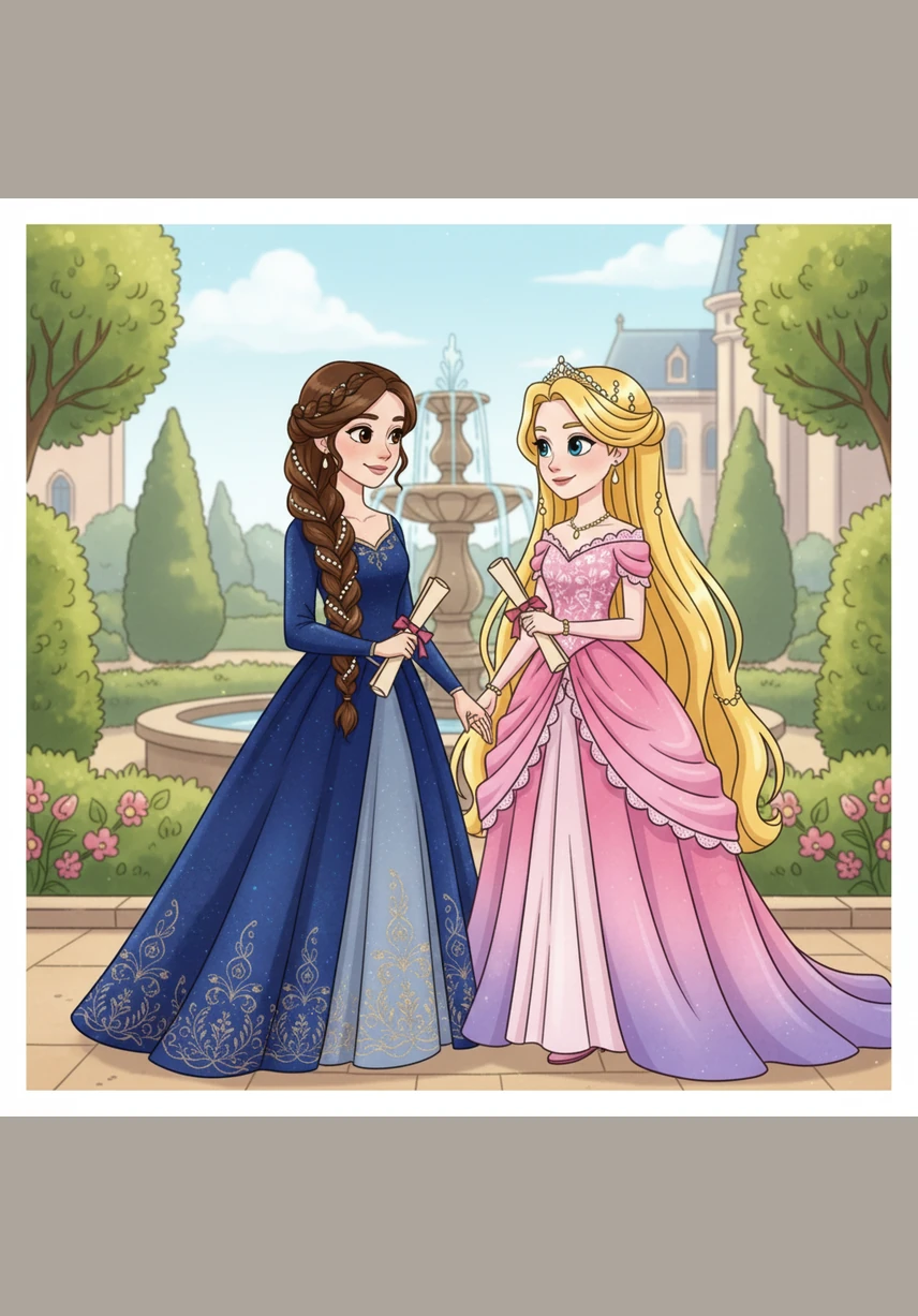 Elle retrouve son amie Clara, dont les nattes brunes sont ornées de perles fines et dont la robe en velours bleu scintille à chaque pas. Ensemble, elles partagent le rêve de créer les plus beaux habits jamais vus au royaume.