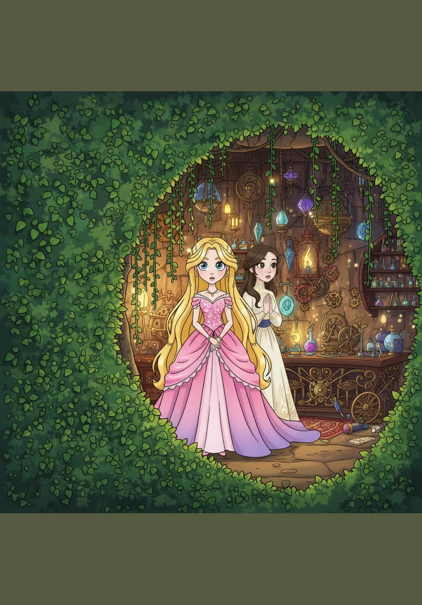 Les deux amies découvrent un atelier secret caché derrière une cascade de lierre, où des métiers à tisser magiques travaillent tout seuls. Les fils de soie flottent dans l'air comme des fils d'araignée argentés, attendant d'être transformés en vêtements royaux.