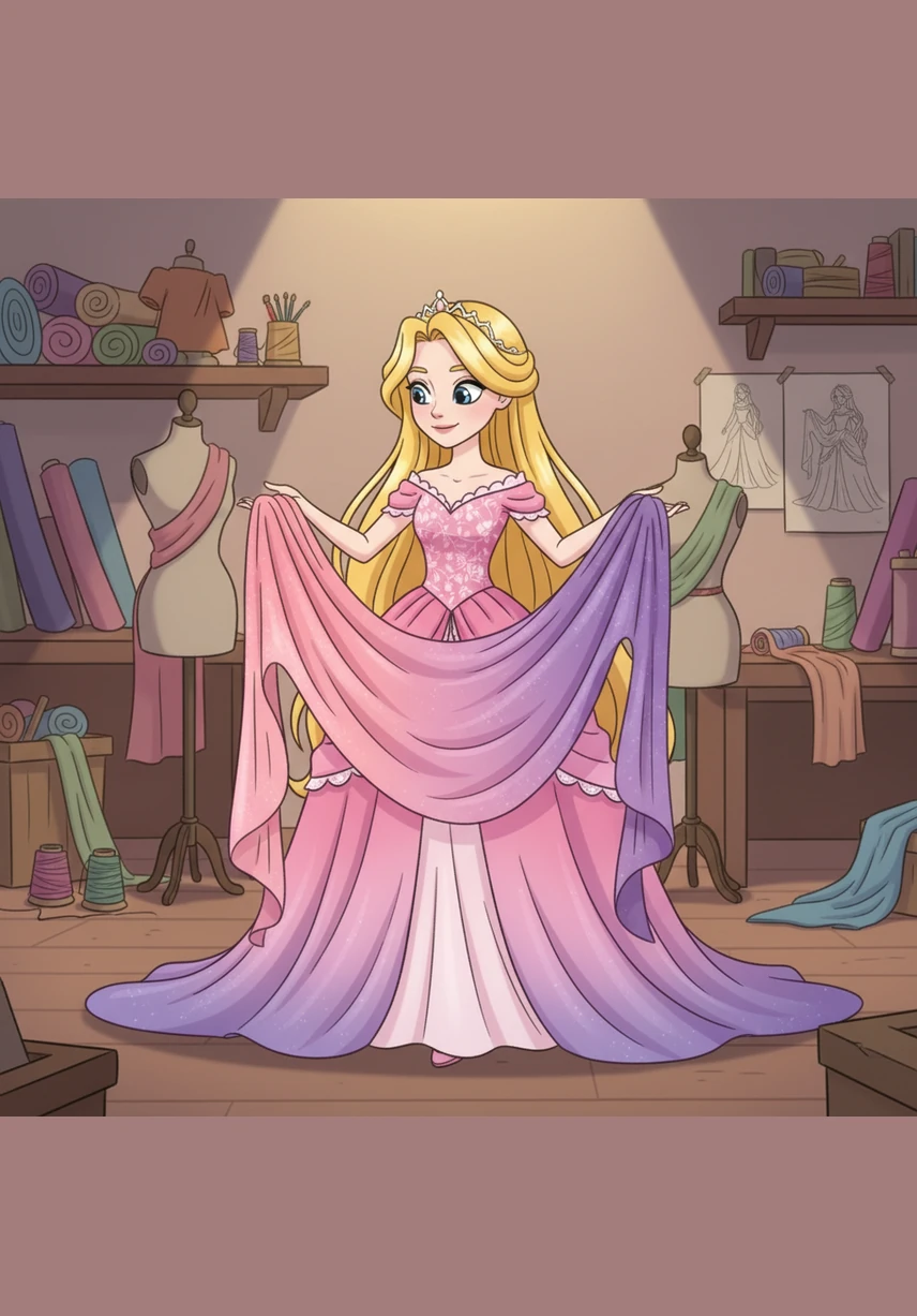 Elara choisit un tissu enchanté qui change de couleur selon la lumière, passant du rose aurore au violet crépuscule. Elle imagine déjà comment cette étoffe épousera ses mouvements gracieux lors de la grande danse du soir.