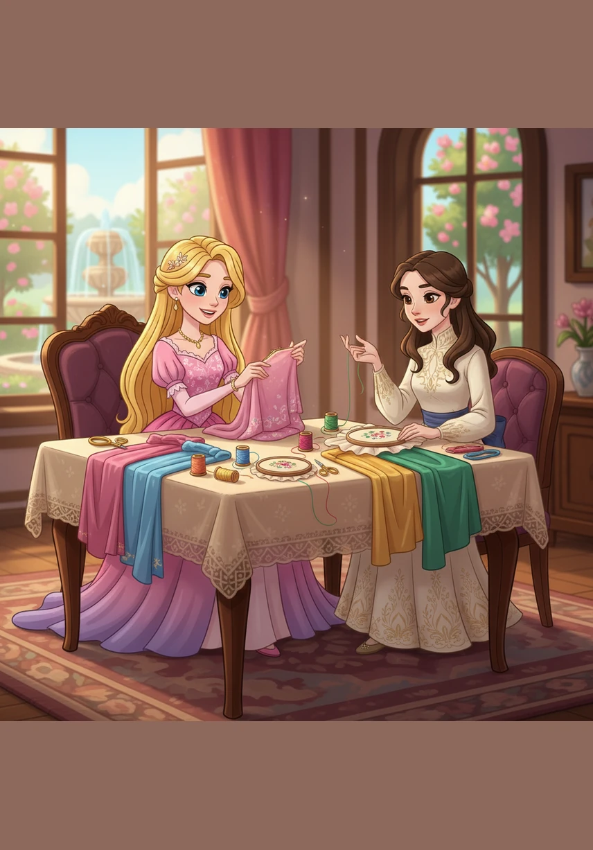 Pendant des heures, les jeunes filles cousent avec soin, ajoutant des broderies délicates et des dentelles fines sur leurs corsages. Leurs longs cheveux sont attachés avec des épingles d'or pour ne pas les gêner dans leur travail minutieux et passionné.