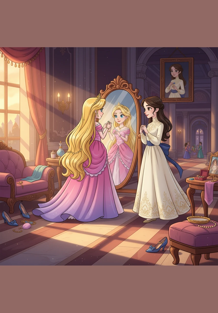 Le soir du bal arrive enfin, et les filles s'habillent avec une excitation palpable devant de grands miroirs dorés. Elles ajustent leurs traînes de soie et admirent la façon dont leurs robes mettent en valeur leur élégance naturelle et leur splendeur.