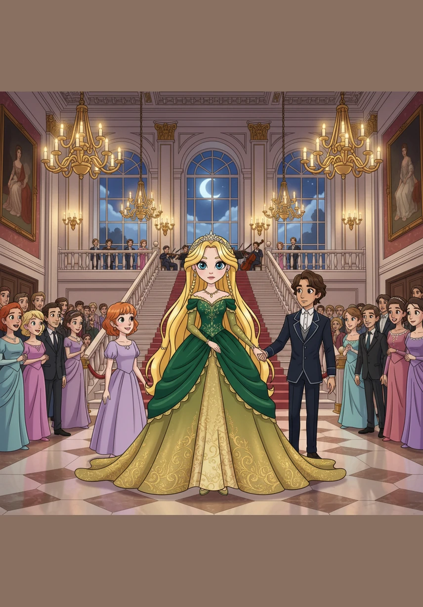 En entrant dans la grande salle de bal du palais, Elara et ses amies attirent tous les regards avec leurs chevelures flottantes et leurs parures étincelantes. Le sol en marbre poli reflète la beauté de leurs vêtements comme la surface d'un lac paisible sous la lune.