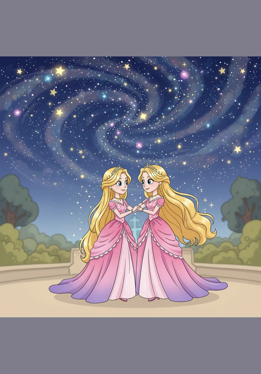 Sous les étoiles étincelantes, elles dansent une valse légère, faisant tourbillonner leurs jupes volumineuses dans un arc-en-ciel de couleurs changeantes. Leurs rires joyeux résonnent dans la nuit, créant une mélodie plus douce que n'importe quel instrument de musique.