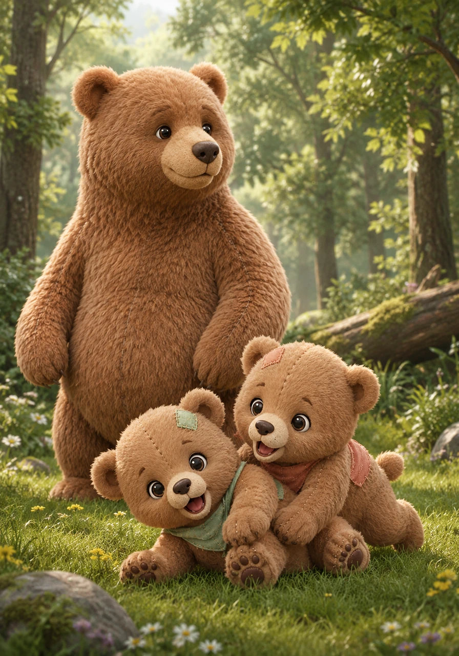 Mama Bear stands tall and sturdy, scanning the forest with a watchful gaze. She sees her two small cubs tumbling happily in a soft patch of bright green grass nearby.