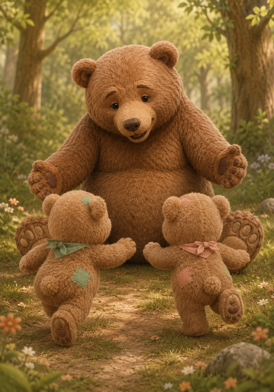 With a gentle huff, Mama Bear calls to her playful cubs. They quickly stop their game and run to her side, ready for their next adventure.