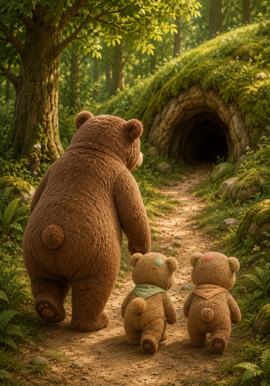 The cubs follow closely behind their mother's large, protective form. A dark opening in a hillside, their cozy den, awaits them at the end of the forest path.