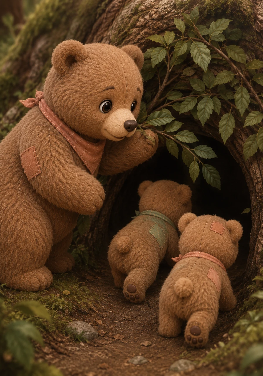 Mama Bear watches over her cubs as they enter the den's mouth. She pushes aside some branches with her snout, making sure the way is clear and safe for them.
