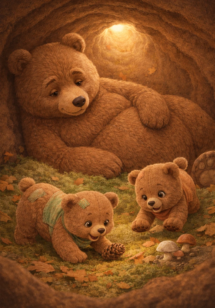 Mama Bear settles down with a sigh, her large body filling much of the comfortable den. She sits on the soft moss and leaves, watching her cubs explore.