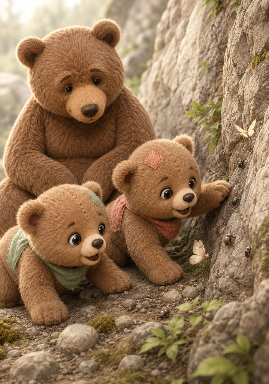 The cubs sniff around the rocky walls, discovering tiny crawling beetles and flitting moths. The small creatures spark the cubs' curiosity, and they watch them intently.