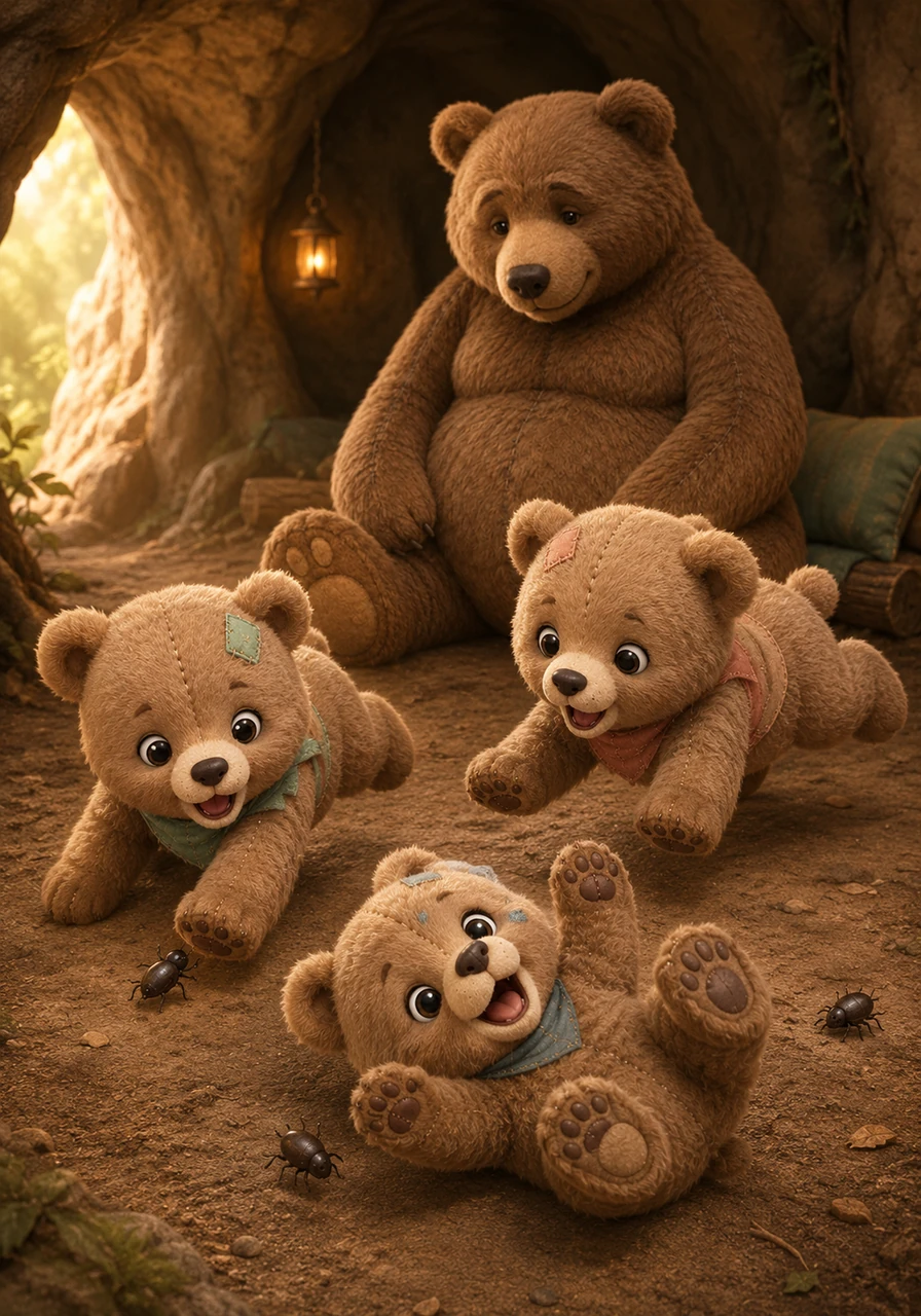With clumsy paws and excited leaps, the cubs chase the little bugs across the den floor. They tumble and scramble, their small paws batting at the quick insects.