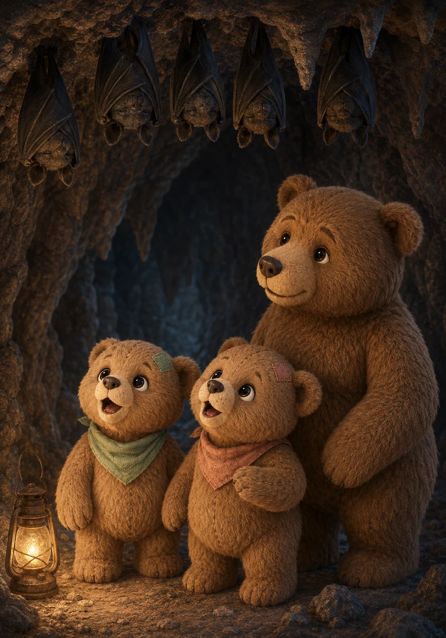 High on the ceiling, silent black bats hang sleeping in the dark shadows. The cubs tilt their heads, gazing up at the mysterious, still creatures they cannot reach.