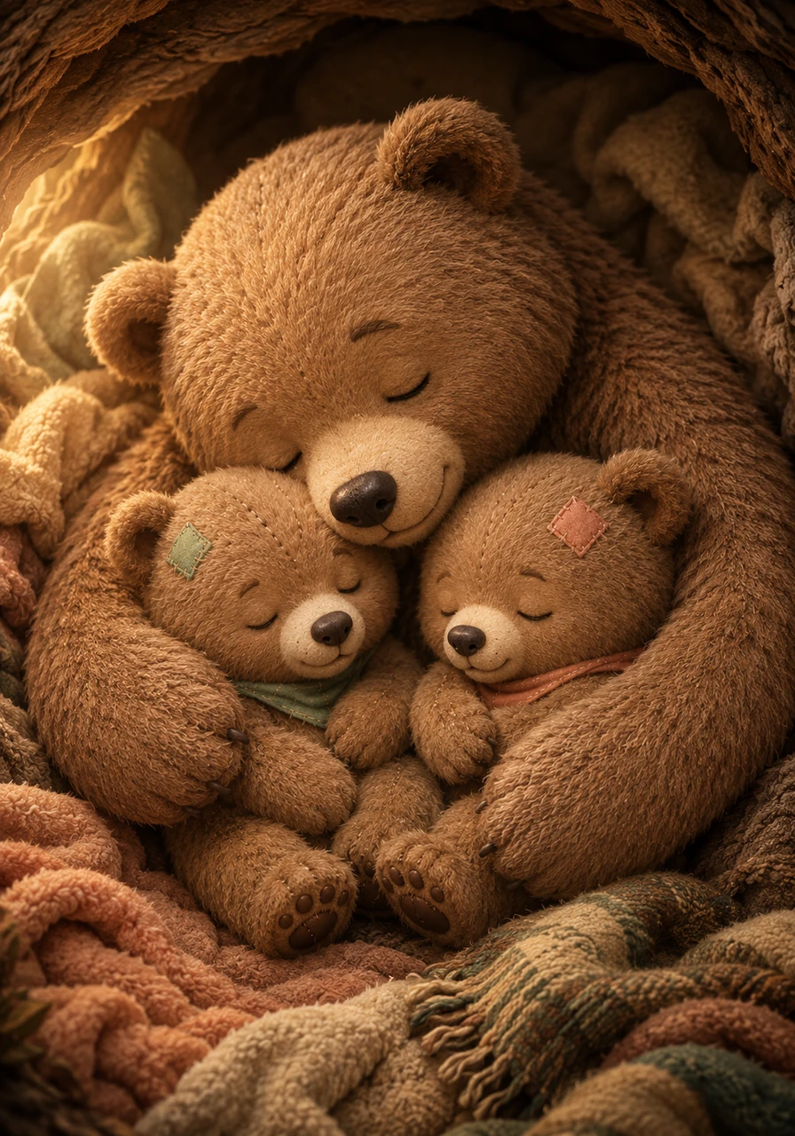 Tired from their play, the cubs curl up close to their mother. Mama Bear wraps her large, warm paws around them, and they all fall into a deep, peaceful sleep in their snug den.