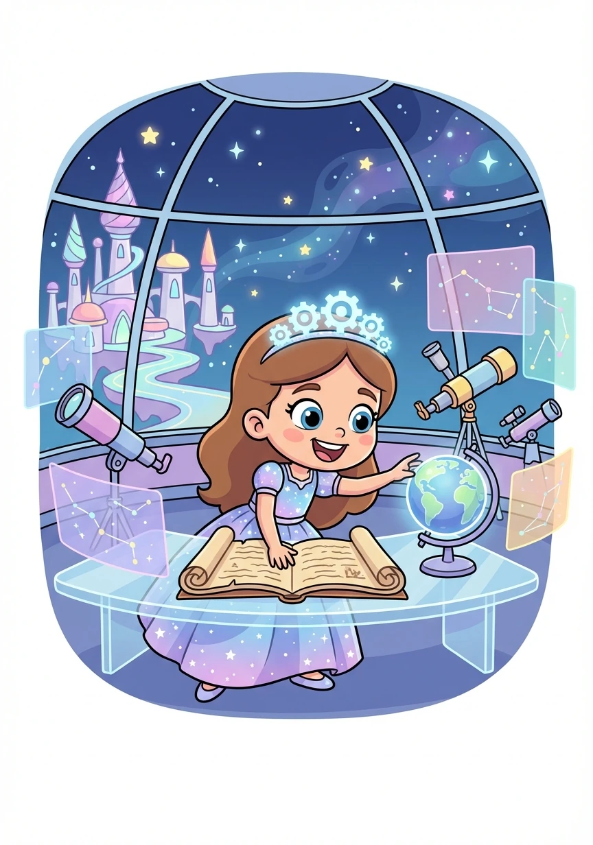 In a futuristic kingdom nestled among the stars, lived Princess Astra, known for her brilliant mind and kind heart. She spent hours studying ancient texts and exploring the royal observatory.