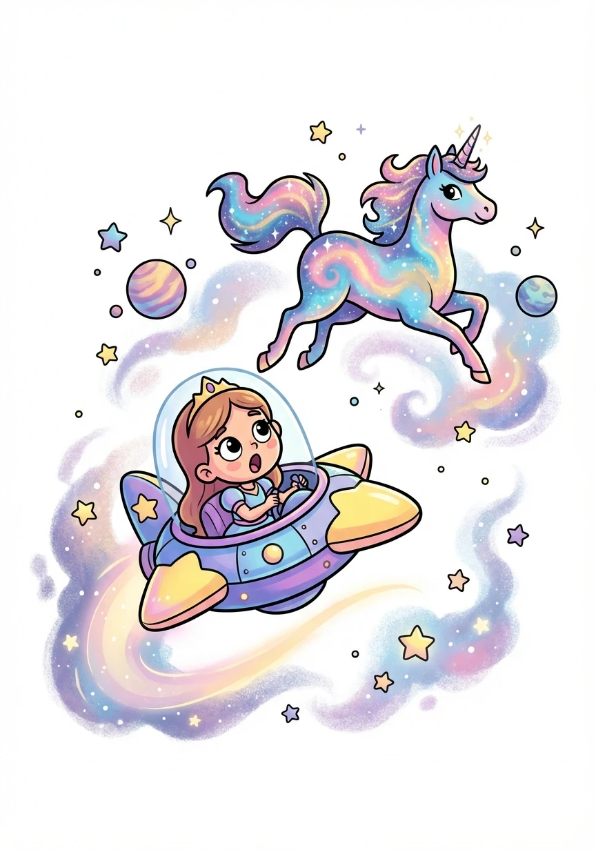 Using her specially designed starship, Astra journeyed towards the mysterious light. As she approached, she gasped in amazement at the sight of a magnificent unicorn with a coat that resembled a swirling galaxy.