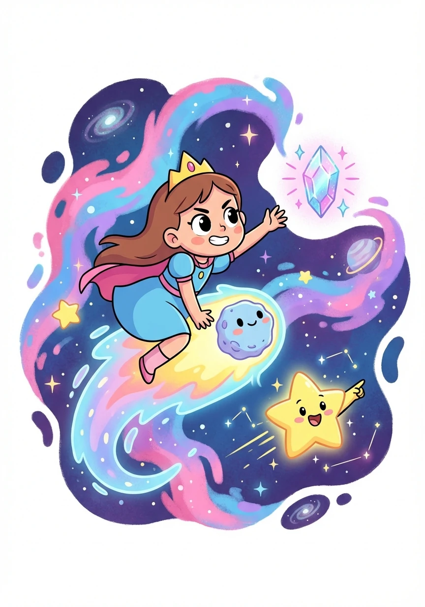 Together, Astra and Lumina traveled through vibrant nebulas and past sparkling constellations, searching for a rare crystal said to restore fading galaxies.