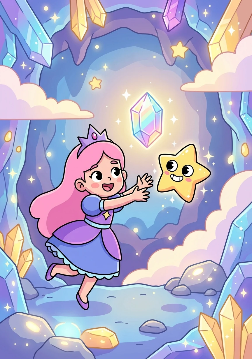 Finally, they found the crystal hidden deep within a celestial cave, guarded by a playful, but protective, star sprite.