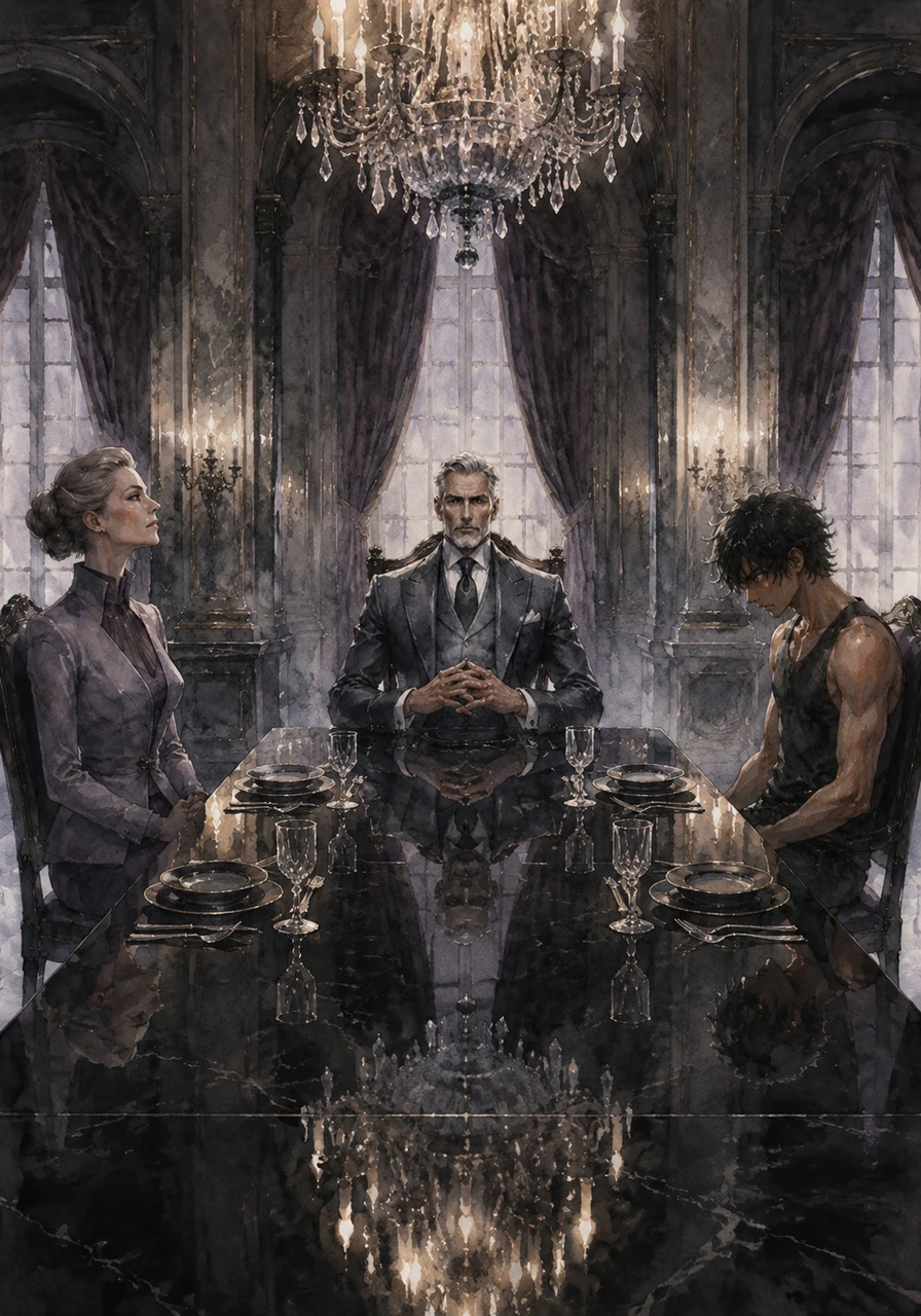 The Mehra estate dining hall is a cold cathedral of power, dominated by a massive obsidian table polished to a mirror shine. At the head sits the Patriarch, a man whose shadow stretches long across the room under the flickering light of a crystal chandelier.