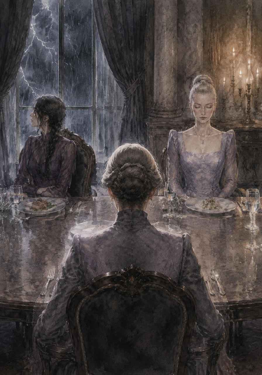 Across the table, the Mother watches her plate with the stillness of a predator, while her two daughters sit in stark contrast. One daughter radiates a forced, perfect grace, while the other stares silently at the storm lashing against the tall windows.