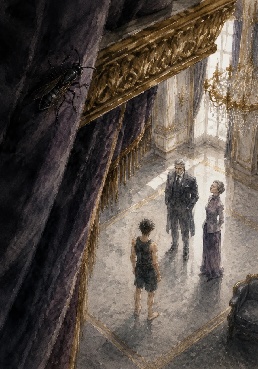 High above the gilded molding, a single black wasp clings to the velvet shadows of the heavy curtains. It remains perfectly still, an invisible observer watching the powerful family gather below in the oppressive silence.