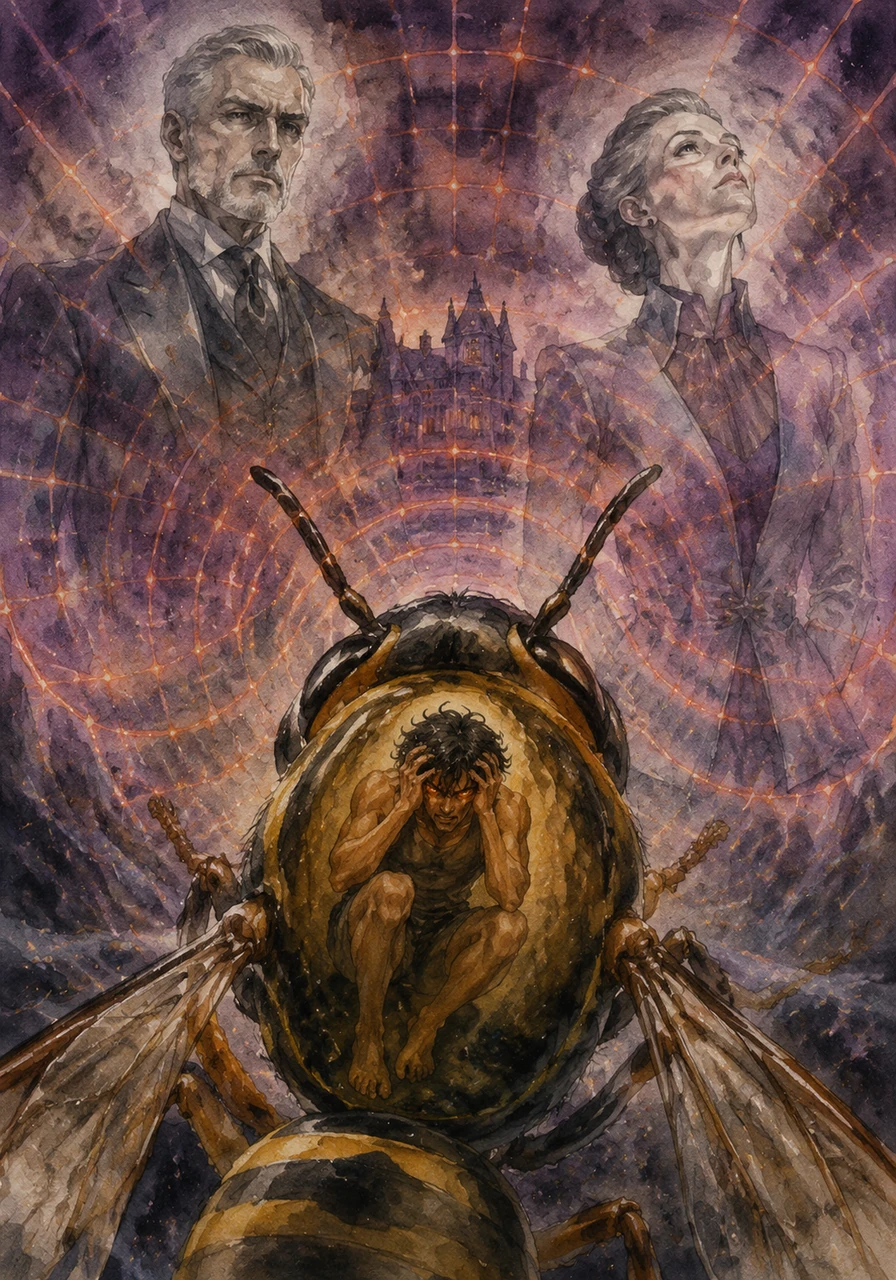 Inside the wasp, Kaelen’s human consciousness struggles to stay anchored as his vision shifts into a complex grid of heat and vibration. He feels the thrum of the house's dark energy, his tiny heart racing against the constraints of his insect form.