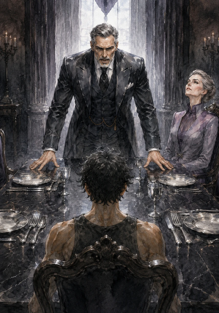 The Patriarch’s voice vibrates through the room like a low growl, demanding the recovery of the Astra Nox before the new moon. Silver cutlery gleams like teeth on the dark table as he declares that anyone protecting the fragment must bleed.