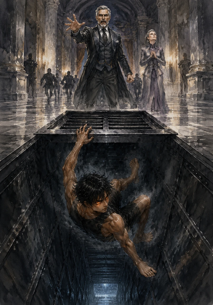 The wasp disappears into the cold, dark metal of the vent just as the Patriarch’s roar for security echoes through the hall. Kaelen spirals through the narrow shaft, the sounds of the pursuit fading into the rhythmic drumming of the rain outside.