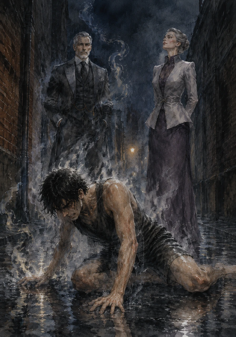 In a dark, rain-slicked alleyway a mile away, the air begins to warp and shimmer with a sickening sound of shifting bone. Kaelen collapses onto the wet pavement as his human form returns, his skin steaming in the freezing night air.