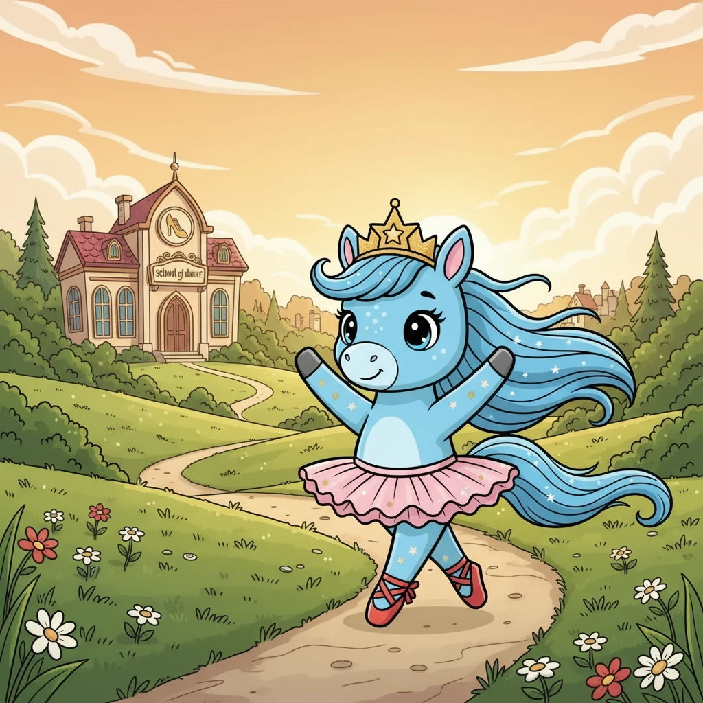 Um dia, Estrelinha descobriu uma escola de dança na cidade vizinha. Cheio de esperança, ele decidiu ir, mesmo que fosse um longo caminho. Sua crina balançava ao vento enquanto ele imaginava o que o esperava.