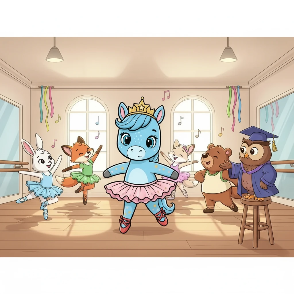 Na escola, Estrelinha encontrou outros animais que também amavam dançar. Havia coelhos, raposas e até mesmo um urso! No começo, ele se sentia desajeitado, mas a professora, uma coruja sábia, o encorajou.