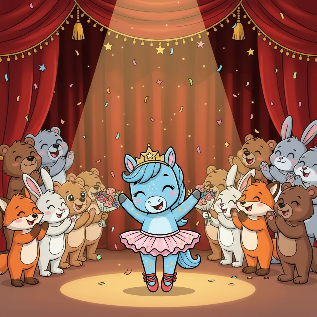 No final da apresentação, todos aplaudiram Estrelinha! Ele havia realizado seu sonho, provando que, com esforço e amizade, tudo é possível. Estrelinha dançou para sempre, espalhando alegria por onde passava.