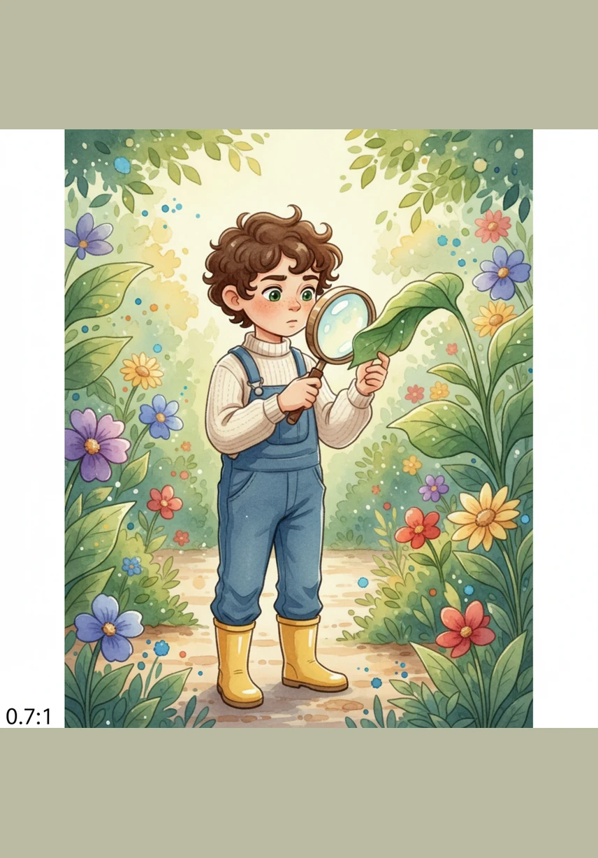 Leo stands in his vibrant garden, curious why he has his father's curly hair and his mother's bright green eyes. He holds a magnifying glass up to a leaf, wondering about the invisible instructions that make every living thing unique.