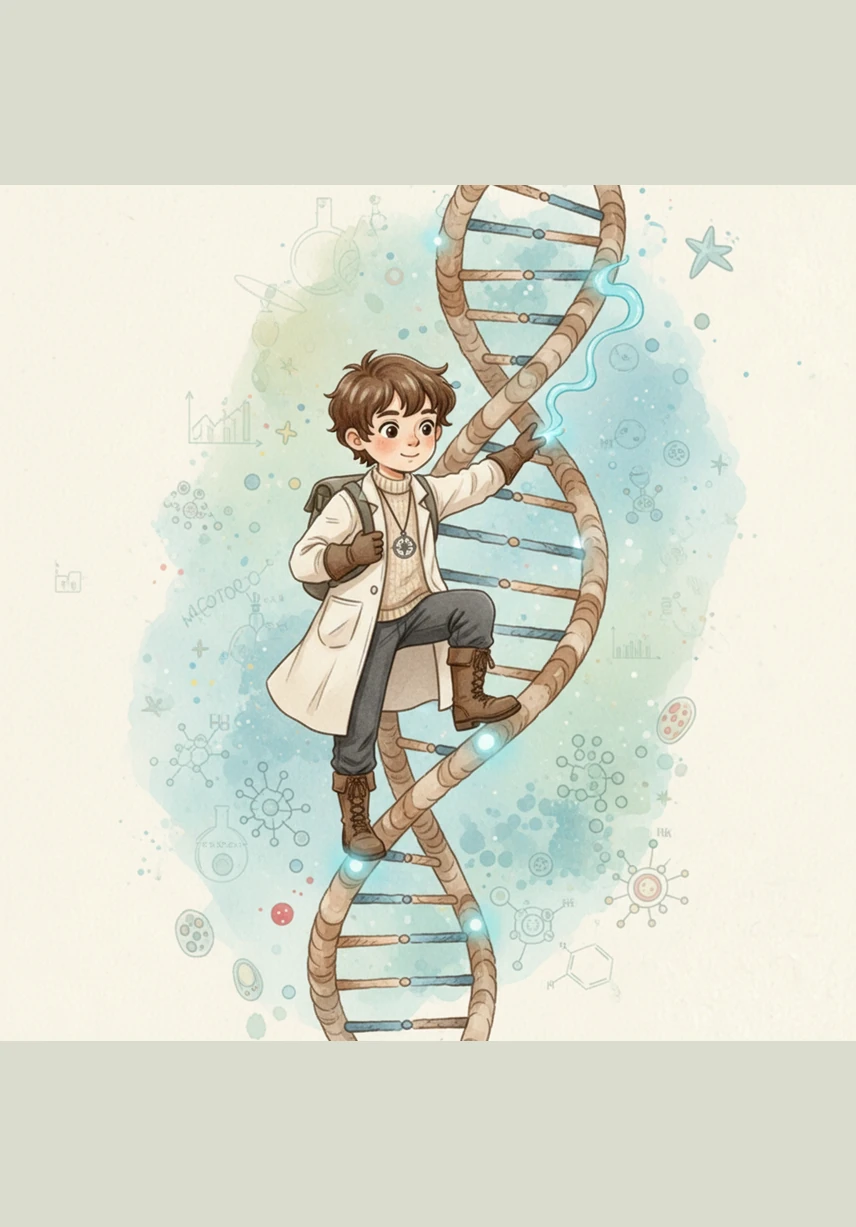 On the rungs of the DNA ladder, Leo notices four colorful shapes labeled A, T, C, and G that snap together in perfect pairs. These nitrogen bases form a secret code that tells the body exactly how to build proteins and function every day.