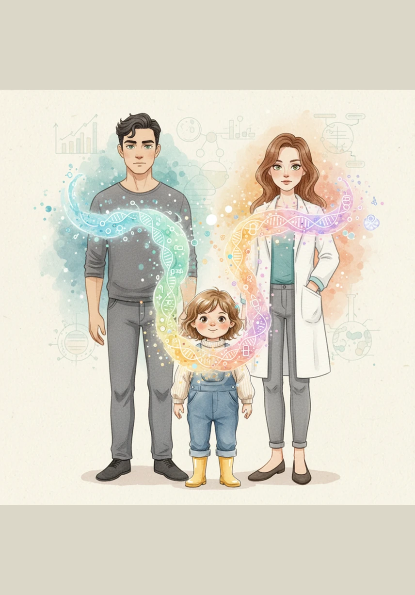 Leo watches a glowing stream of genetic information flowing from two parents to their child, creating a brand-new map of life. He realizes that he is a perfect masterpiece made from exactly half of his mother’s and half of his father’s instructions.