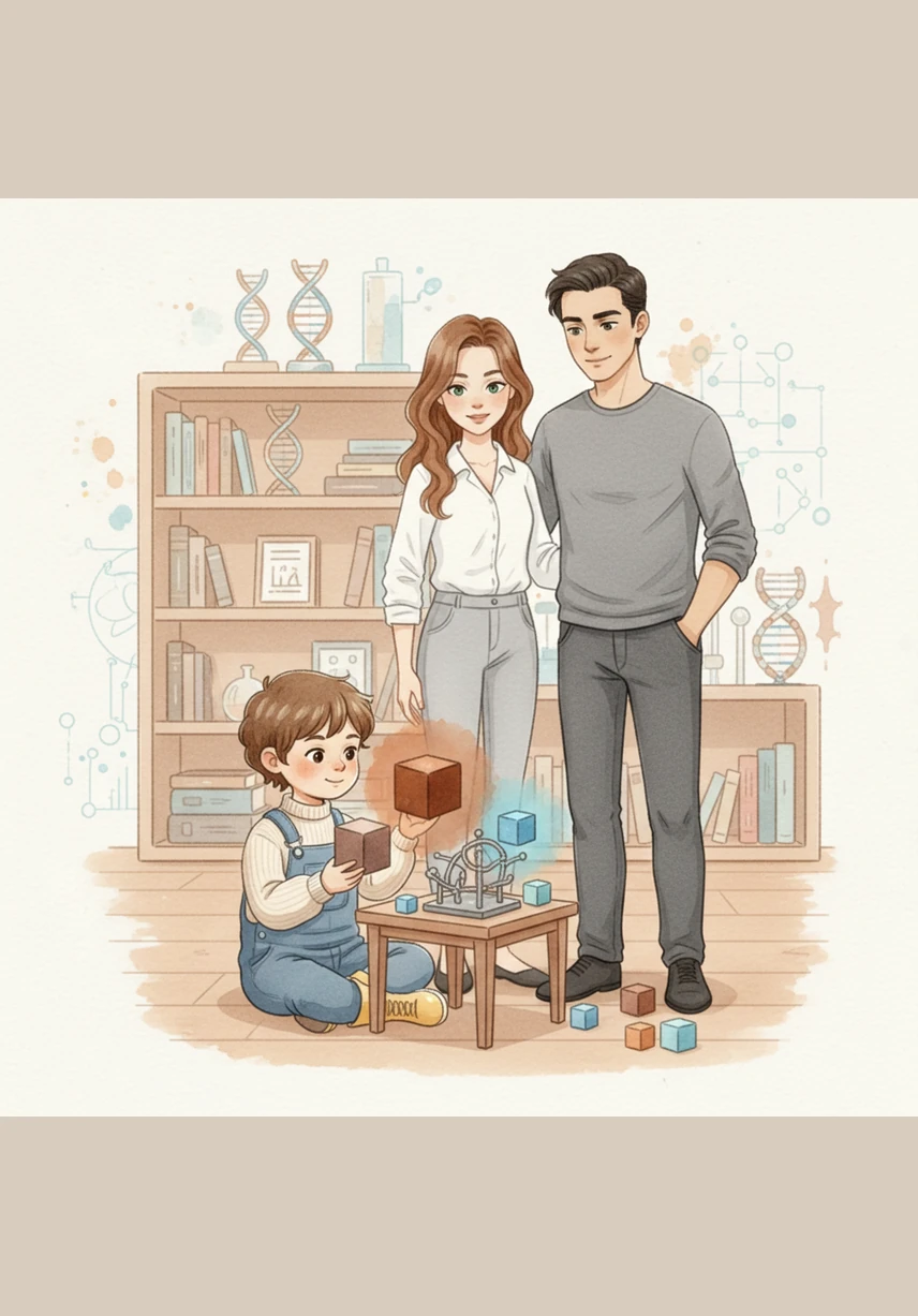 Leo experiments with glowing 'dominant' and 'recessive' blocks, seeing how a strong brown-eye gene can mask a quiet blue-eye gene. He understands that some instructions are louder than others, which explains why family members look both similar and different.