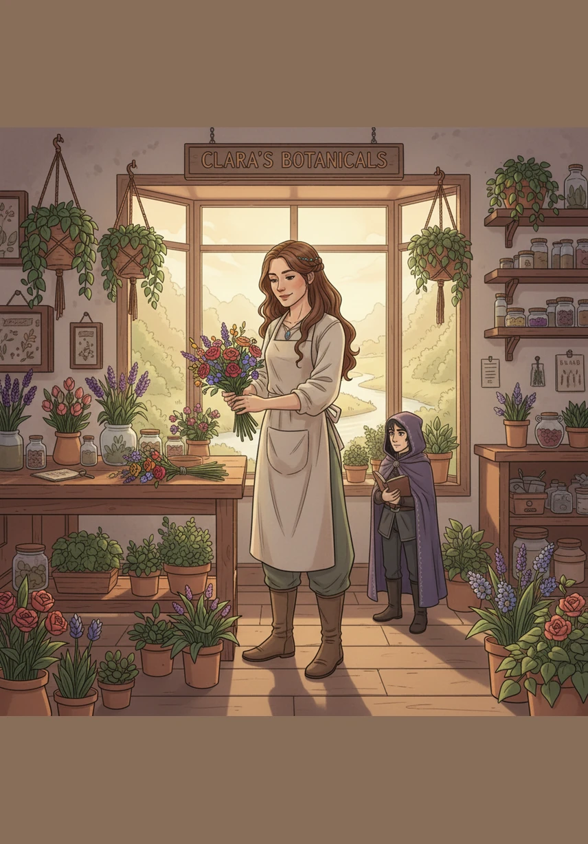 Clara organiza girassóis vibrantes na vitrine de sua aconchegante floricultura enquanto o sol da manhã ilumina a rua de paralelepípedos. O perfume dos lírios frescos preenche o ar, e ela sorri para a beleza tranquila da vizinhança que começa a despertar.