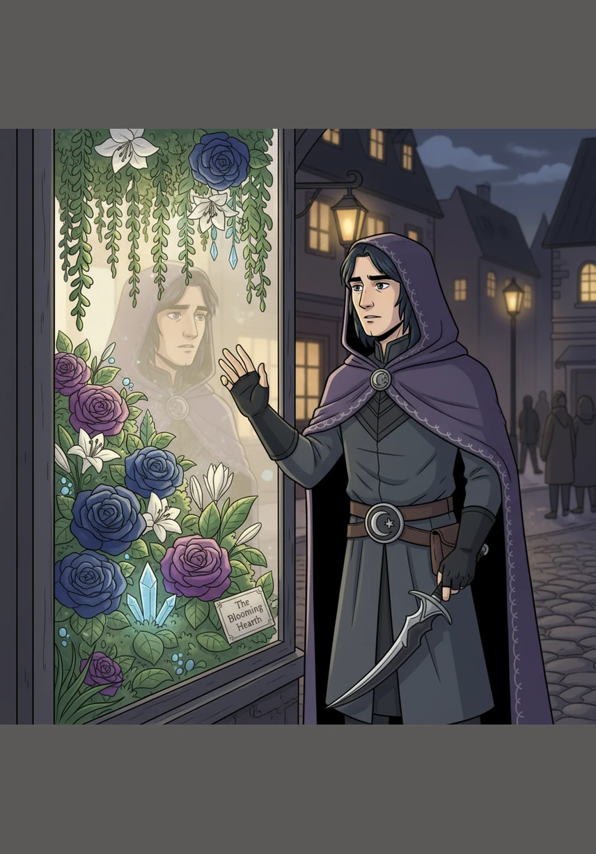 Um estranho misterioso chamado Gabriel para diante da vitrine, cativado por uma hortênsia azul específica que se destaca entre as outras flores. Ele carrega um caderno de desenhos gasto sob o braço e usa um cachecol que balança suavemente com a brisa matinal.