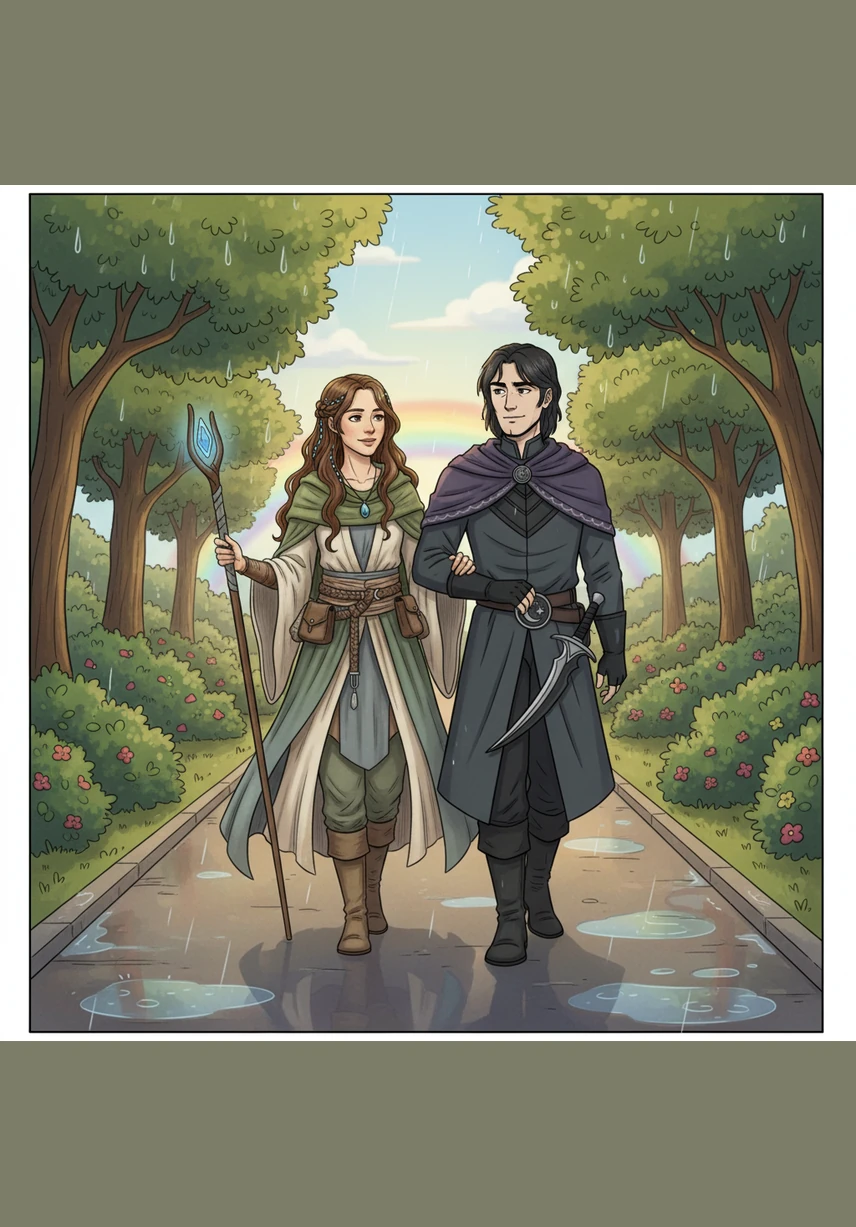 Eles caminham juntos pelo parque municipal logo após a chuva parar, onde o pavimento molhado reflete as luzes dos postes como se fosse um espelho. O ar está fresco e renovado, e eles conversam por horas sobre seus sonhos e a poesia encontrada nas pequenas coisas da vida.