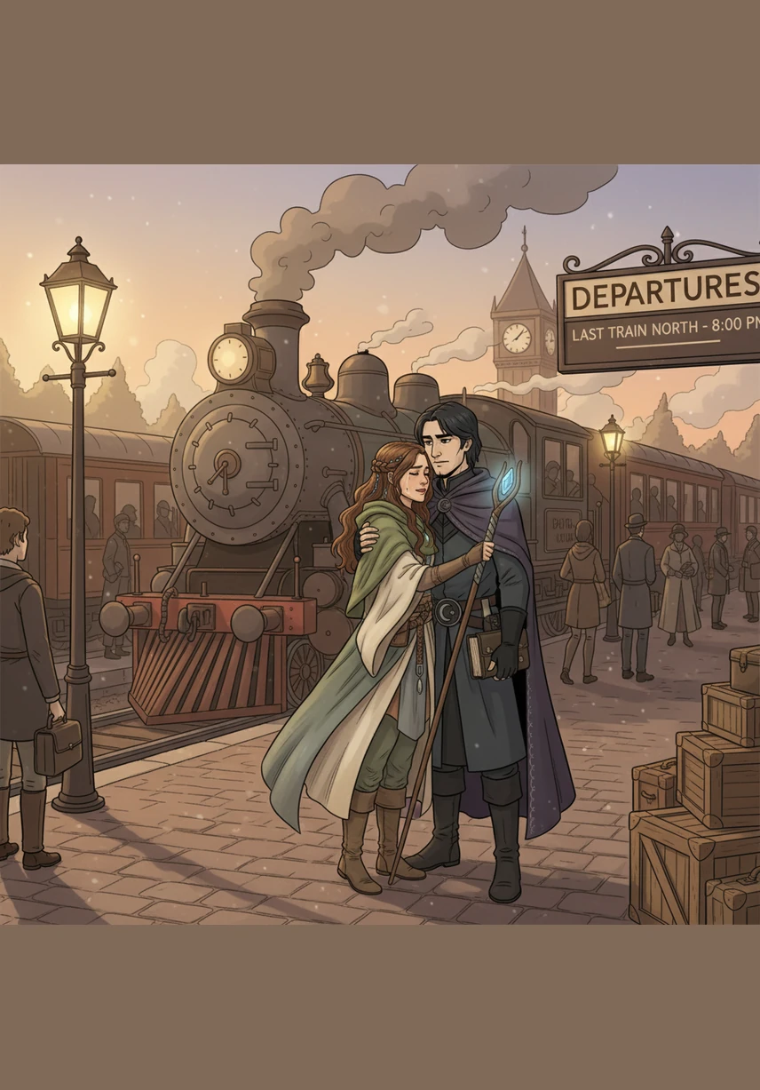 Gabriel precisa partir para sua próxima jornada artística e eles se despedem com emoção na plataforma da estação de trem ao anoitecer. Ele entrega a ela uma pequena pintura de uma única rosa vermelha, prometendo que aquela partida é apenas um breve intervalo em sua história.