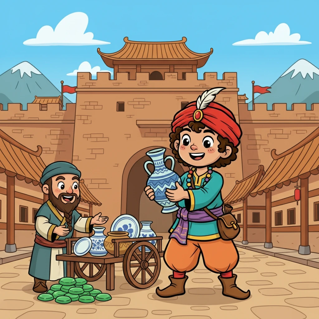 Next, I traveled to Chang'an, the capital. The city walls were grand, and the atmosphere was filled with the promise of wealth. I exchanged jade for beautiful ceramics, admiring the artistry. It was a place of great power and culture.